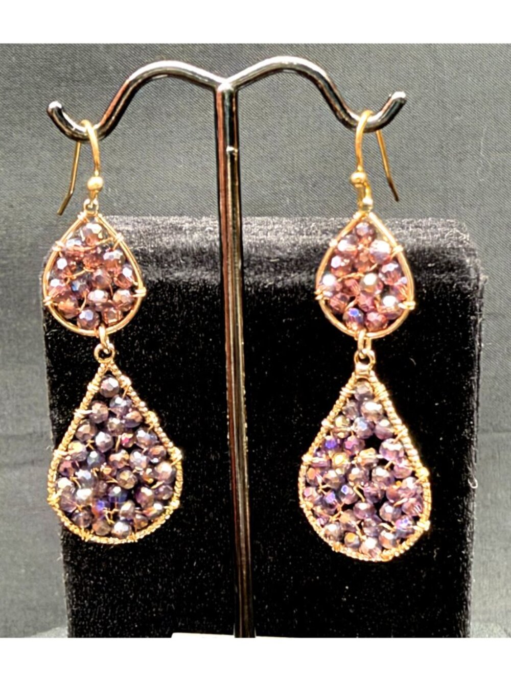 Iridescent Pink Lavender Purple Beaded Double Teardrop Dangle Earrings Gold Tone